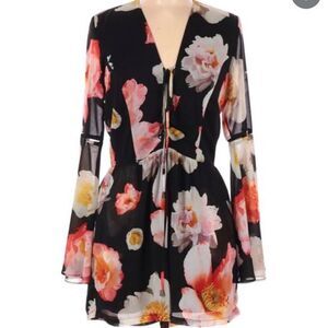 Womens Gianni Bini black and pink floral bell sleeved romper spring wedding